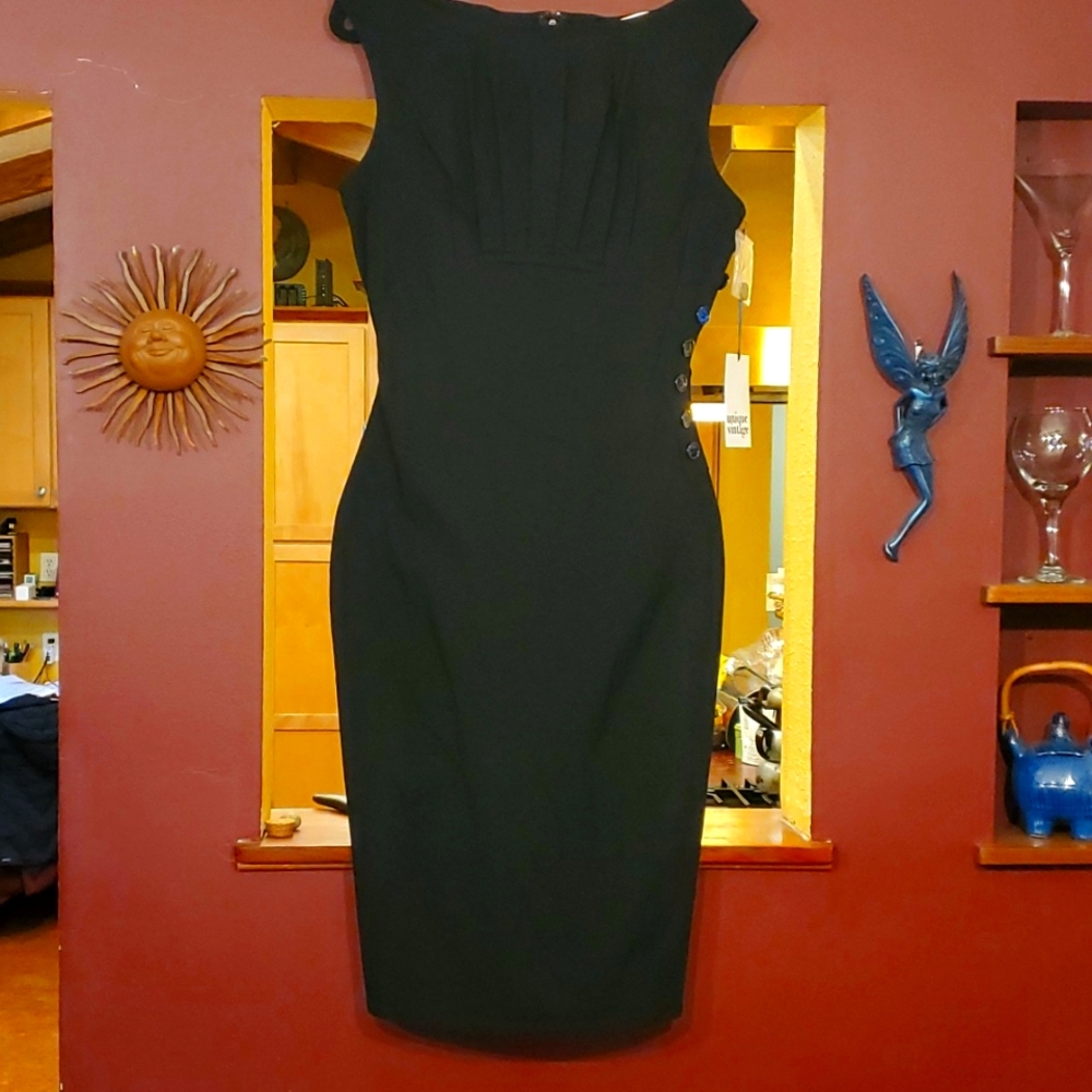 Unique Vintage Black Wiggle Dress, pleated front, 10 - 12